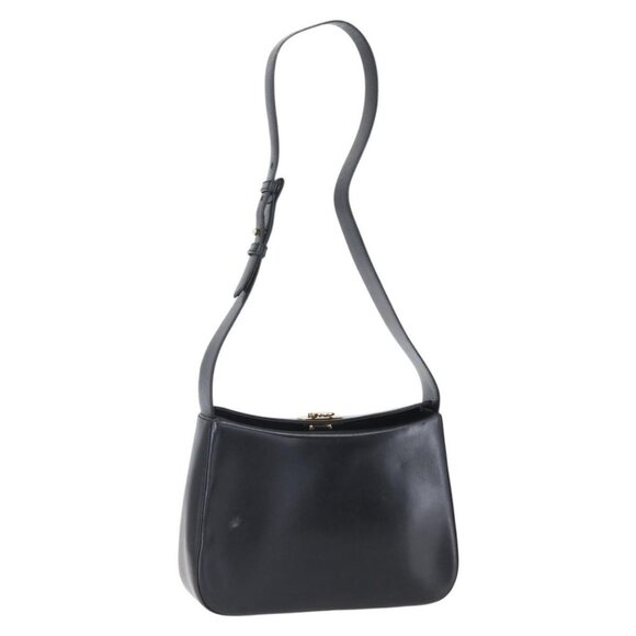 Authentic Salvatore Ferragamo Gancini Shoulder Bag Leather Black Gold